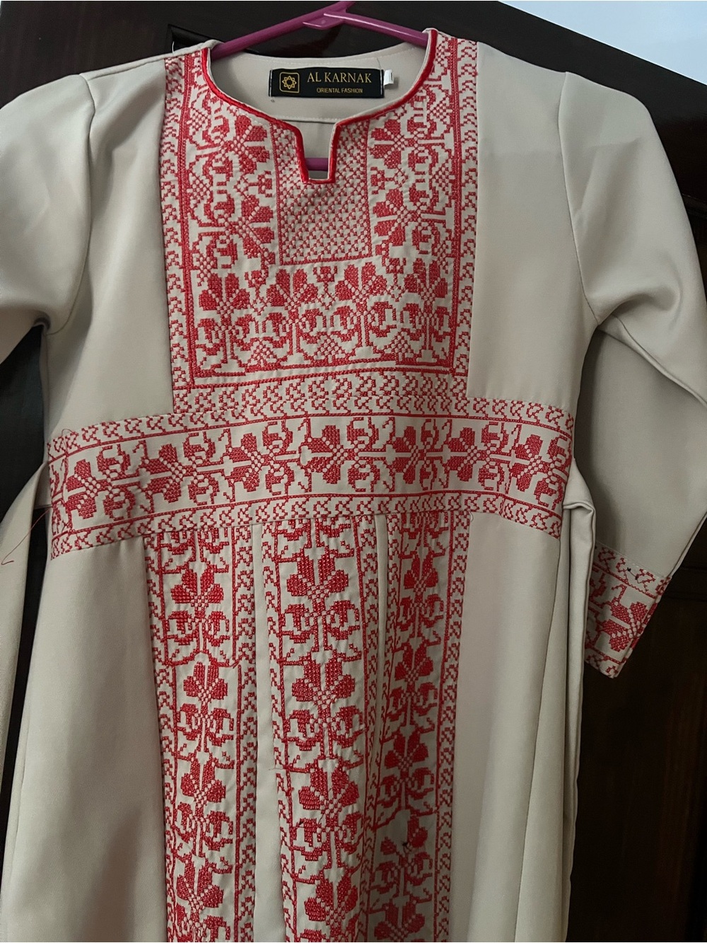 Al Karnak Embroidered Cream Tatreez Dress with Red Cross-Stitch Detail